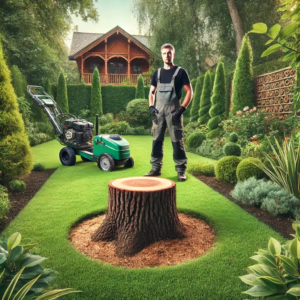 jardin bien entretenu avec une souche d'arbre fraîchement enlevée, mettant en valeur l'aspect professionnel du dessouchage