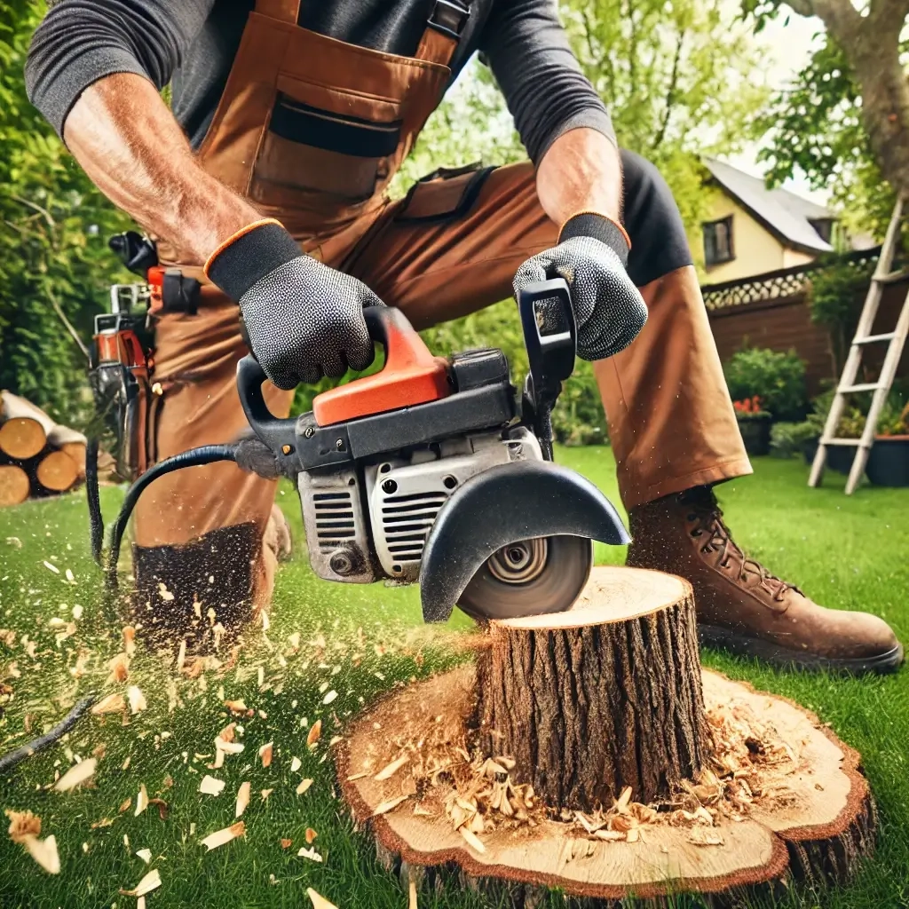 Un arboriste professionnel utilisant une rogneuse de souches, avec des copeaux de bois en mouvement, offrant une vue claire du processus en cours