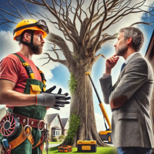 un arboriste professionnel et un propriétaire discutant de la taille d'un grand arbre de 30 ans que l'arboriste porte en sécurité