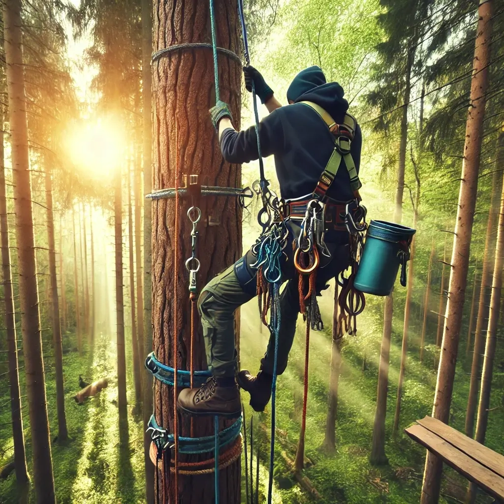 Escalade d'un arbre avec équipement de sécurité lors d'une formation d'un élagueur grimpeur en reconversion professionnelle.