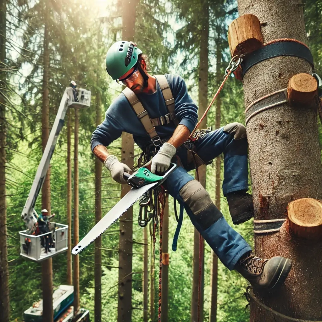 Elagueur grimpeur en reconversion professionnel en hauteur sur un arbre lors d'une formation