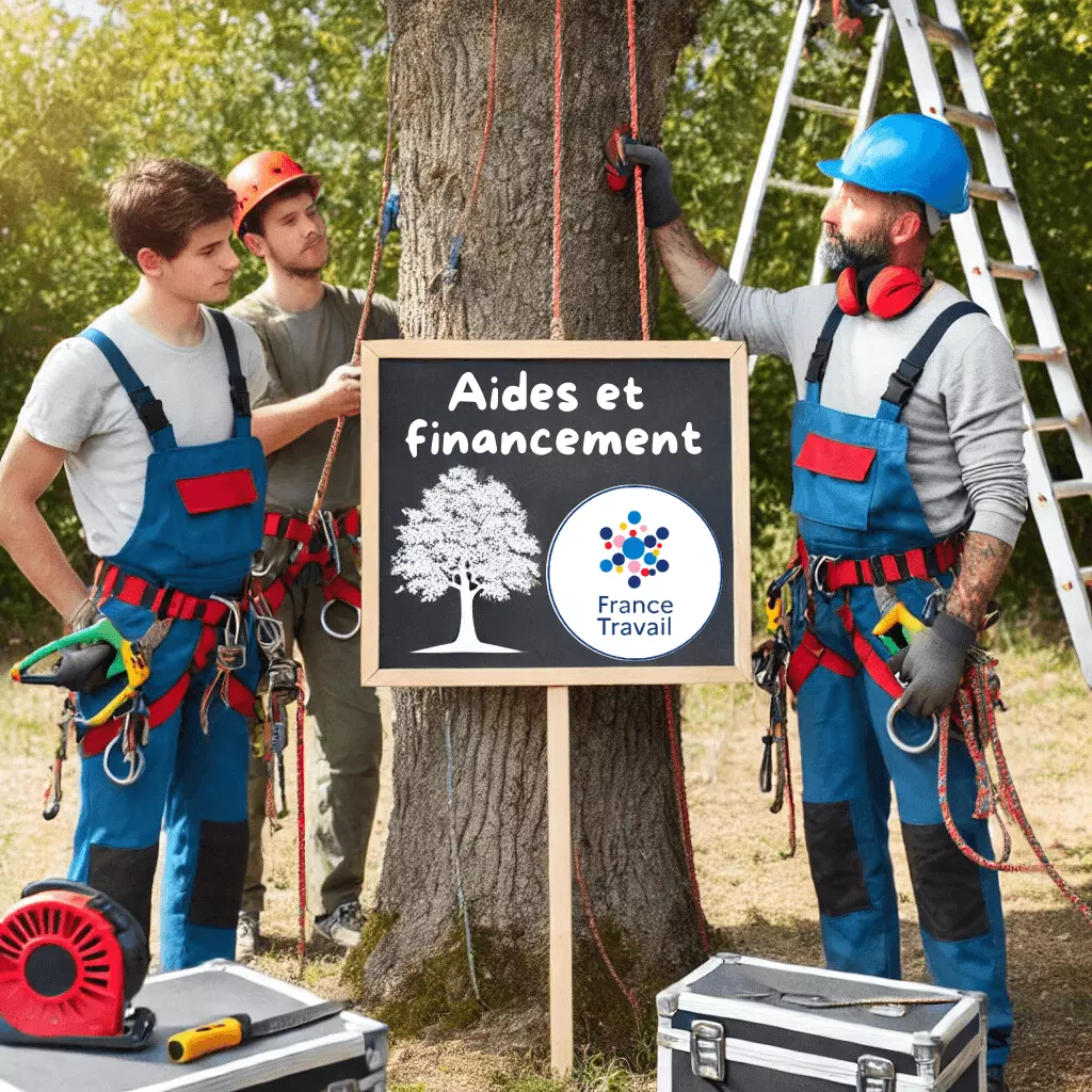 Formation en élagage financée par France Travail : stagiaires en pleine pratique avec équipements de sécurité.